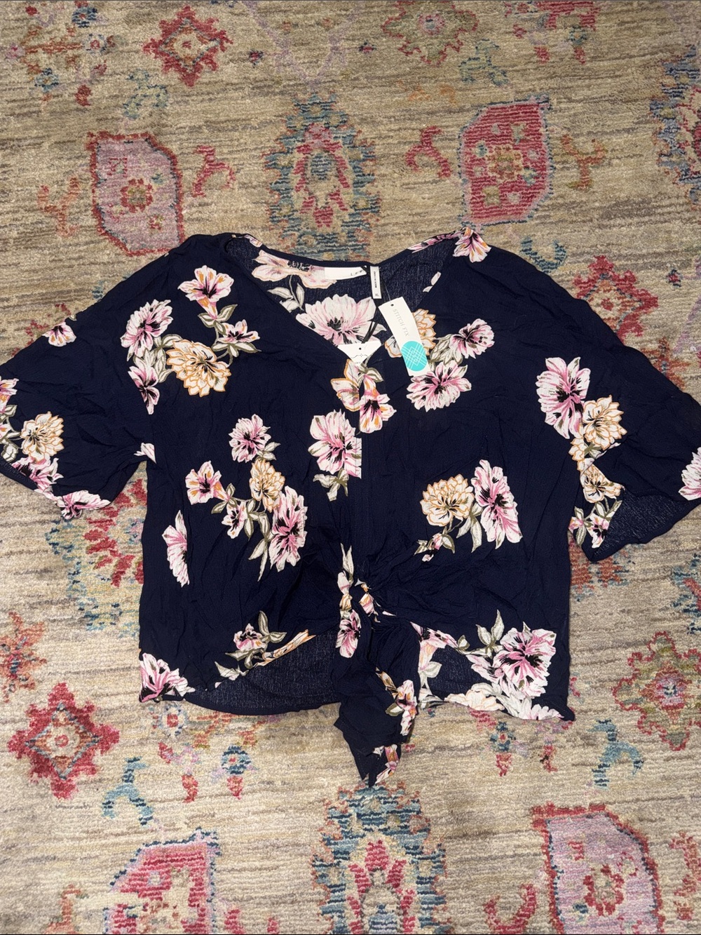 Floral Tie-Front Crop Top in Navy